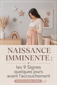 Image illustrant une femme enceinte heureuse qui ressent les premiers signes de l'accouchement.