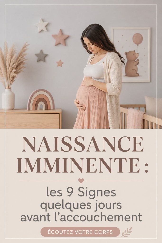 Image illustrant une femme enceinte heureuse qui ressent les premiers signes de l'accouchement.