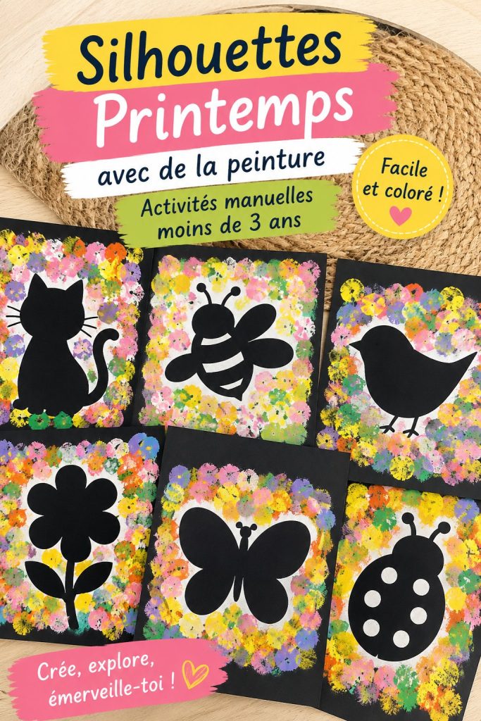 Des silhouettes colorées de printemps réalisées par de jeunes enfants avec de la peinture.