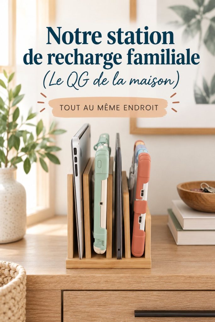 Une station de recharge familiale bien organisée avec plusieurs appareils.