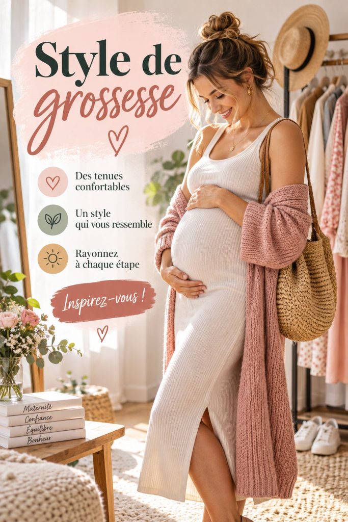 Femme enceinte élégante portant une robe stylée pour grossesse.
