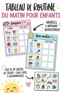 Tableau coloré de routine matinale pour enfants affiché sur un mur de chambre d'enfant.