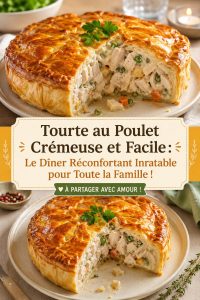Une délicieuse tourte au poulet crémeuse sortie du four, prête à être dégustée.