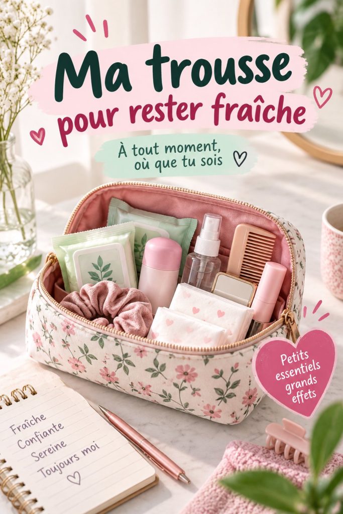 Trousse de beauté ouverte avec des produits pour rester fraîche toute la journée