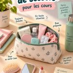 Trousse de secours colorée ouverte avec des fournitures scolaires.