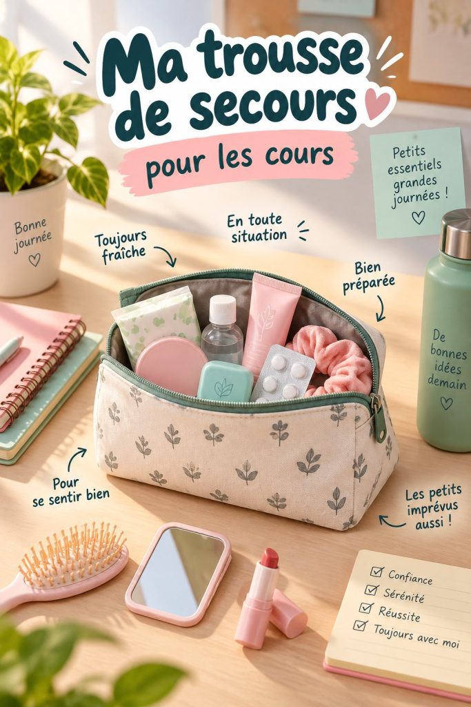 Trousse de secours colorée ouverte avec des fournitures scolaires.