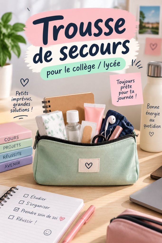 Trousse de secours bien équipée pour le collège avec divers médicaments et fournitures