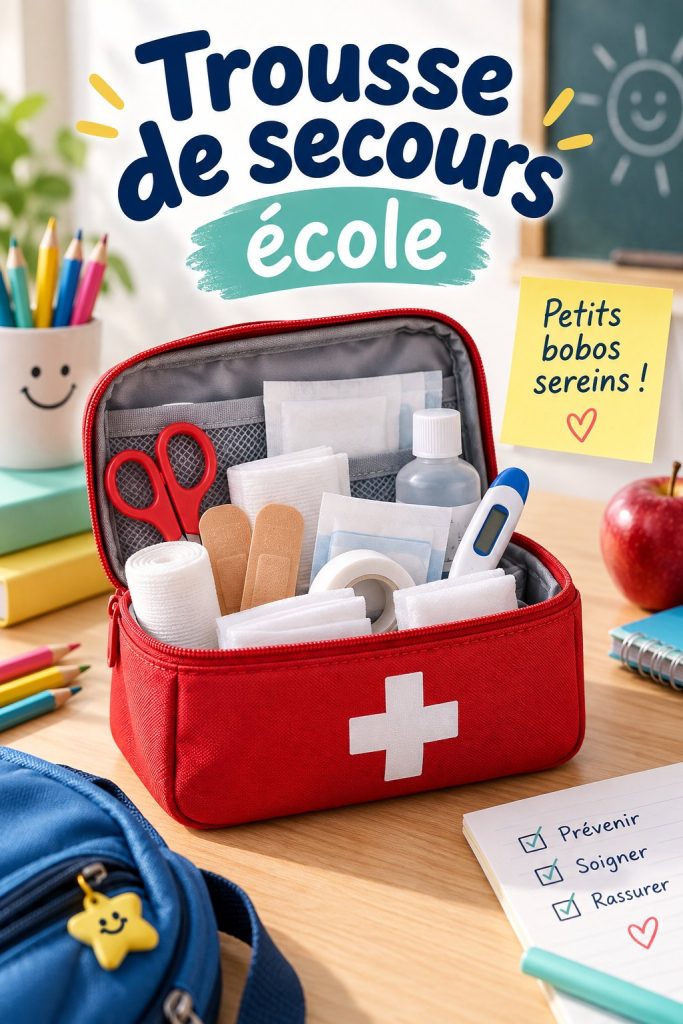 Trousse de secours scolaire ouverte avec divers articles de santé