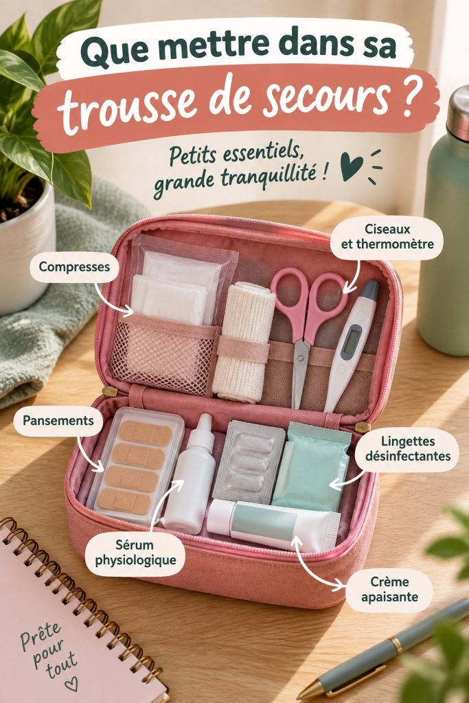 Trousse de secours ouverte montrant des articles essentiels pour mamans