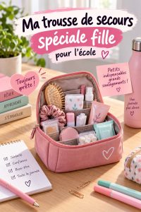 Trousse de secours colorée préparée pour l'école d'une fille.