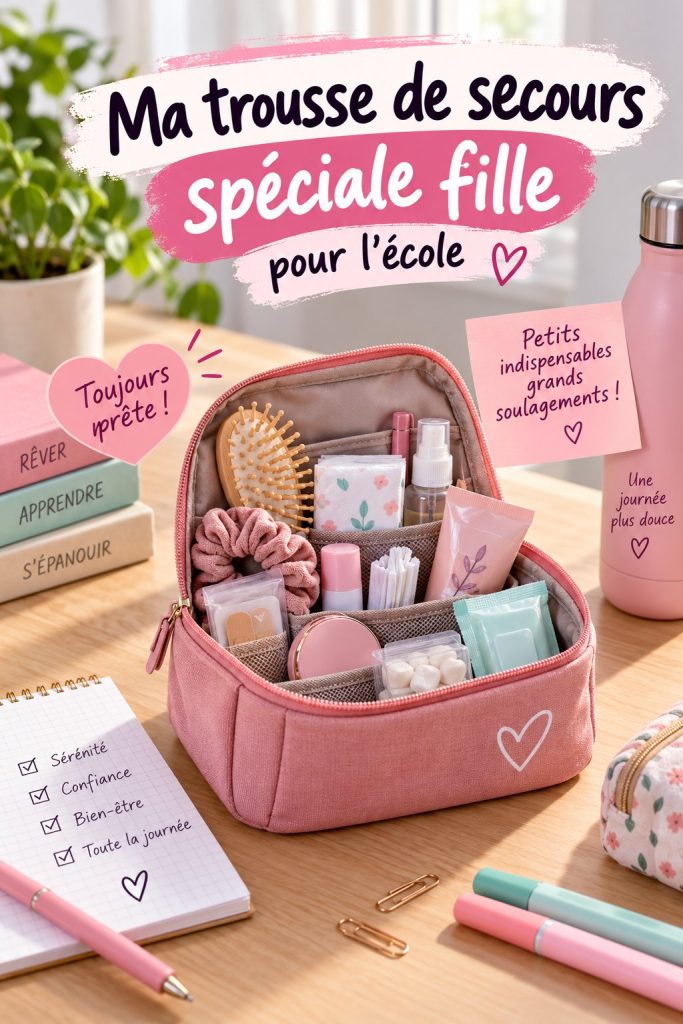 Trousse de secours colorée préparée pour l'école d'une fille.