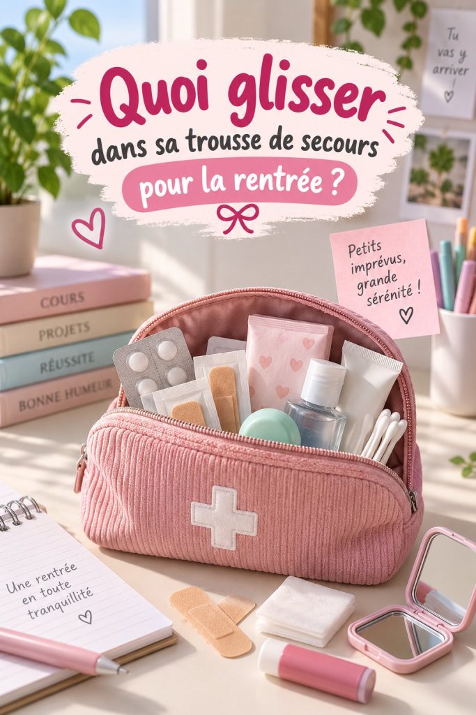 Trousse de secours colorée préparée pour la rentrée scolaire.