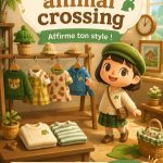 Un mannequin portant une tenue inspirée d'Animal Crossing avec des motifs colorés.