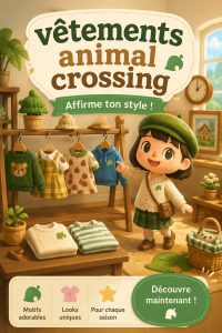 Un mannequin portant une tenue inspirée d'Animal Crossing avec des motifs colorés.
