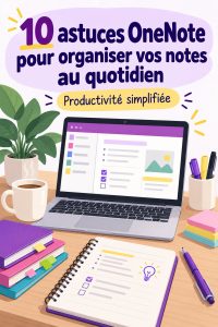 Capture d'écran d'une interface OneNote bien organisée avec des notes, des images et des balises.