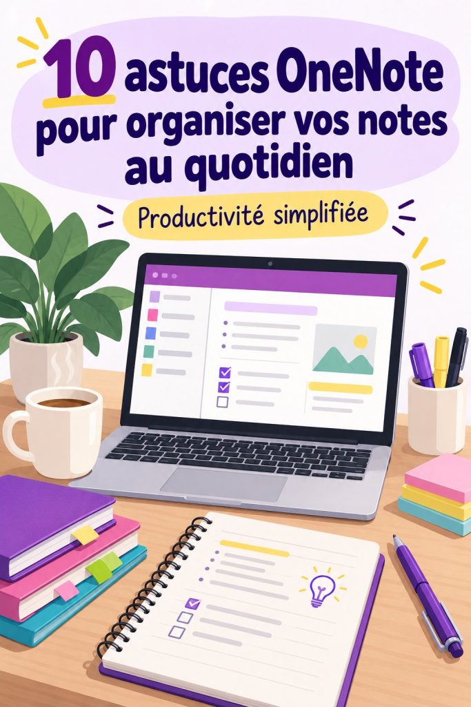 Capture d'écran d'une interface OneNote bien organisée avec des notes, des images et des balises.