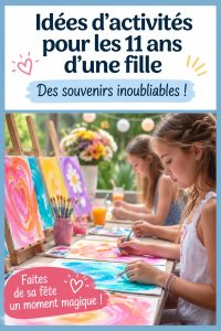 Fille souriante célébrant son 11ème anniversaire avec des amis, entourée de ballons colorés.