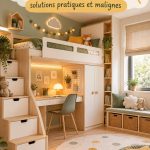 Chambre d'enfant chaleureuse et optimisée dans un petit espace avec des palettes de couleurs vives.