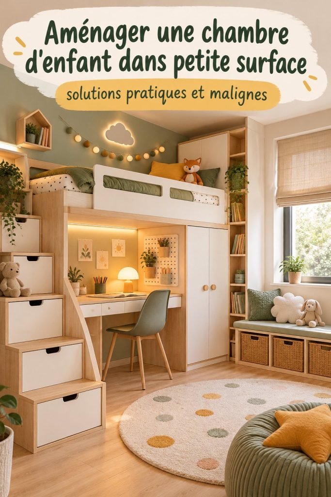 Chambre d'enfant chaleureuse et optimisée dans un petit espace avec des palettes de couleurs vives.
