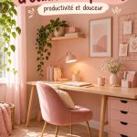 Espace d'étude aménagé en rose poudré, avec un bureau et des accessoires doux