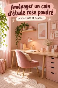 Espace d'étude aménagé en rose poudré, avec un bureau et des accessoires doux