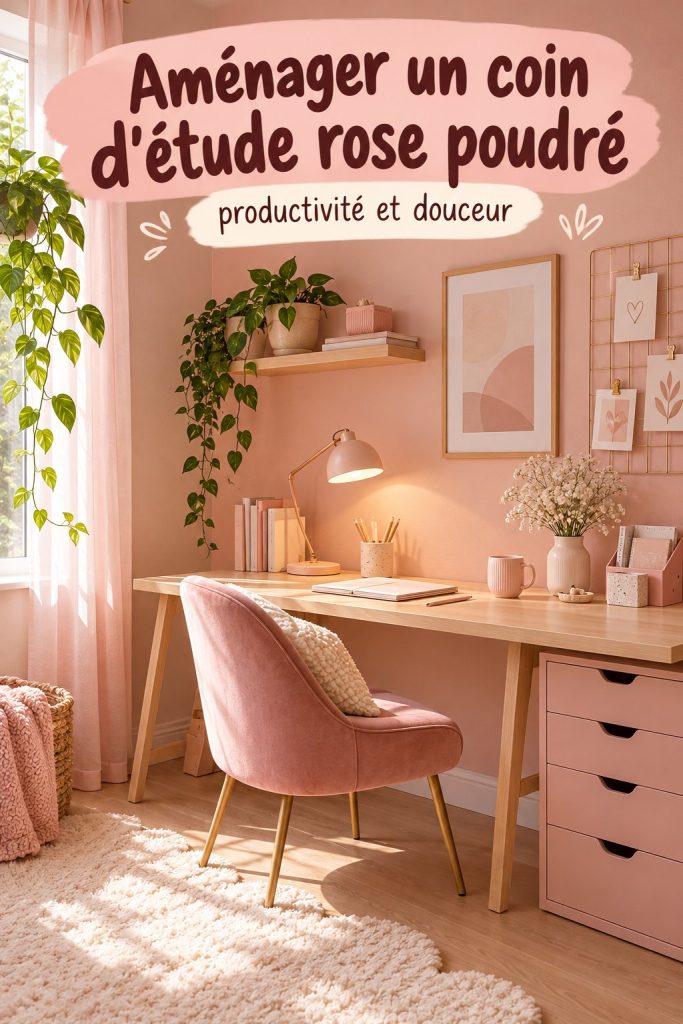 Espace d'étude aménagé en rose poudré, avec un bureau et des accessoires doux
