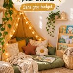 Un coin lecture douillet pour enfants avec des coussins colorés et de belles étagères remplies de livres.