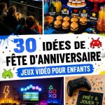 Goûter d'anniversaire pour enfants sur le thème des jeux vidéo avec diverses collations.