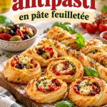 Assortiment d'antipasti en pâte feuilletée présentés sur une table colorée.