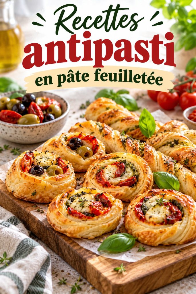 Assortiment d'antipasti en pâte feuilletée présentés sur une table colorée.