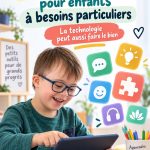 Enfant utilisant une application éducative sur une tablette, souriant et concentré.