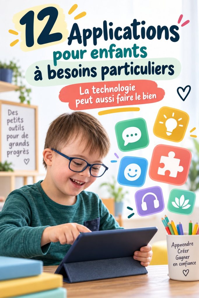 Enfant utilisant une application éducative sur une tablette, souriant et concentré.
