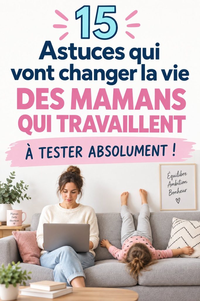 Une maman organisée gérant ses tâches quotidiennes avec un sourire.