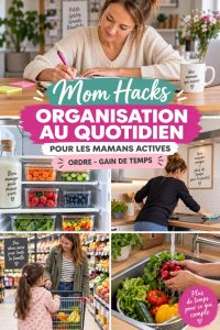 Une maman avec ses enfants dans un environnement organisé et serein.