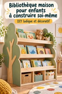 Une jolie bibliothèque maison en bois dans un coin lecture pour enfants décoré avec des livres et des jouets.
