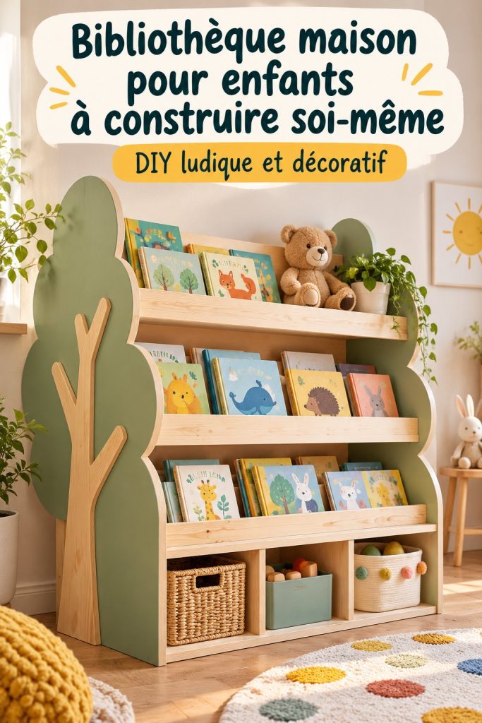 Une jolie bibliothèque maison en bois dans un coin lecture pour enfants décoré avec des livres et des jouets.