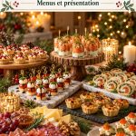 Buffet de Noël coloré avec diverses recettes savoureuses.