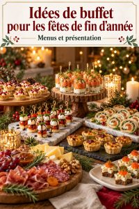Buffet de Noël coloré avec diverses recettes savoureuses.