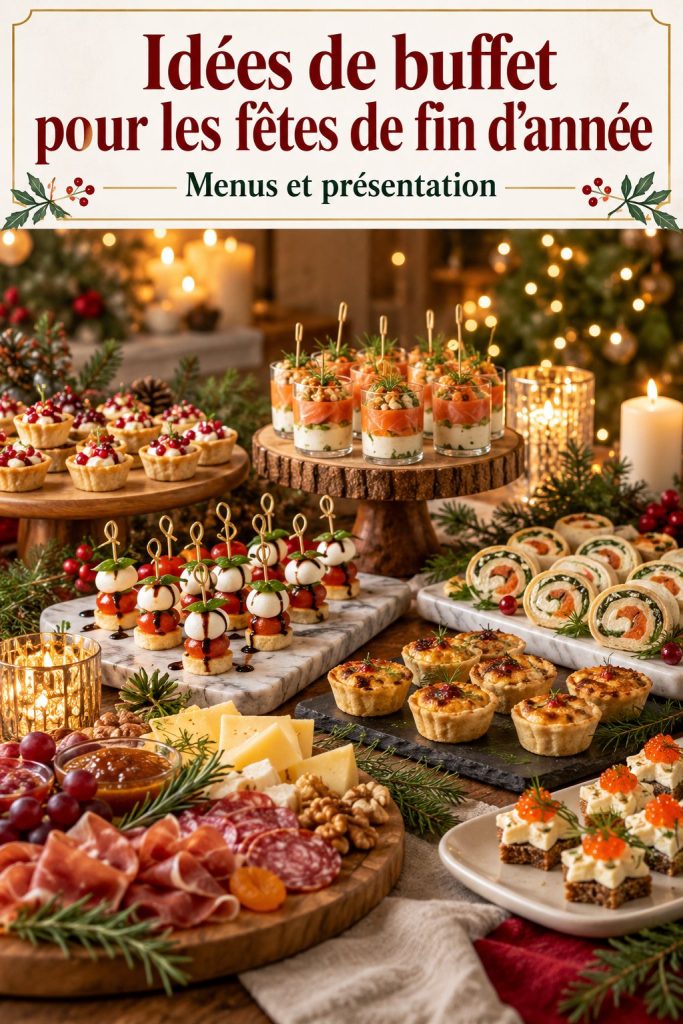 Buffet de Noël coloré avec diverses recettes savoureuses.