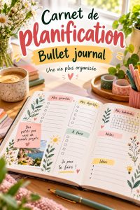 Un carnet de bullet journal ouvert sur une table avec des stylos colorés, représentant l'organisation et la planification