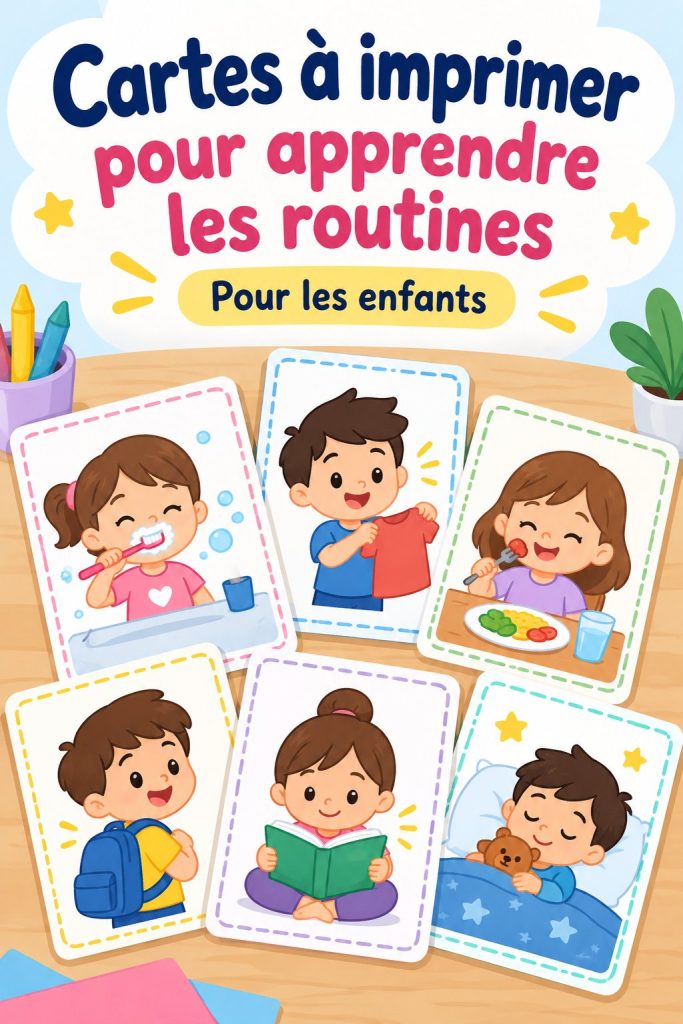 Image de cartes de routine imprimables pour enfants sur une table en bois.