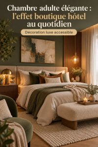 Chambre adulte élégante inspirée d'un boutique hôtel avec des décorations raffinées et des couleurs chaudes.
