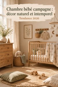 Chambre de bébé décorée dans un style cottagecore avec des éléments en bois et des textiles naturels.