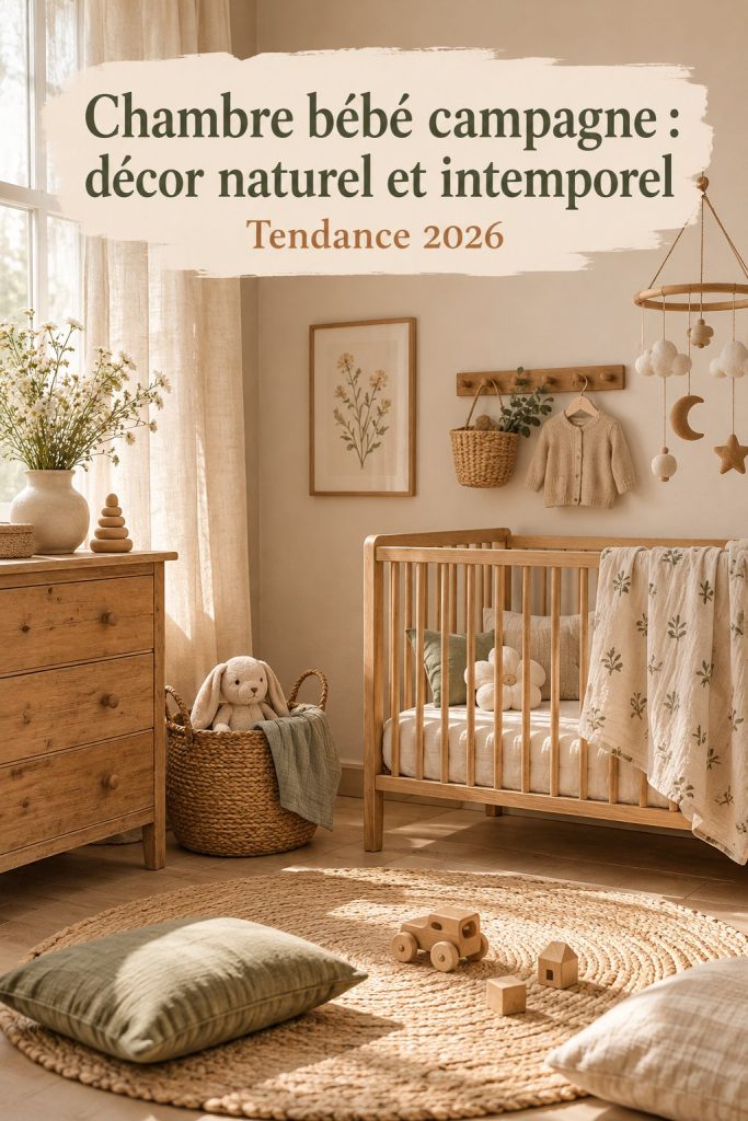 Chambre de bébé décorée dans un style cottagecore avec des éléments en bois et des textiles naturels.