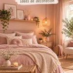 Chambre douce et chaleureuse avec des tons pastel et des éléments de déco confortables.