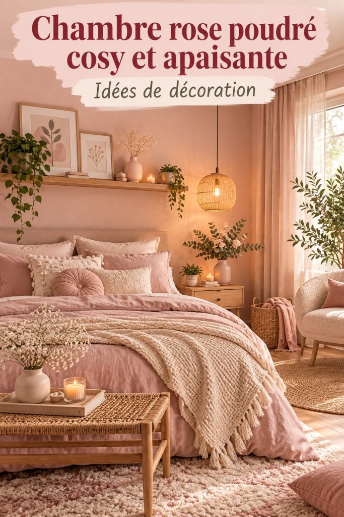 Chambre douce et chaleureuse avec des tons pastel et des éléments de déco confortables.