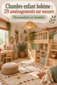 Chambre enfant bohème lumineuse avec des accessoires colorés et des matières naturelles.