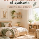 Chambre d'enfant pastel avec décor minimaliste, mettant en avant des couleurs douces et des meubles fonctionnels.