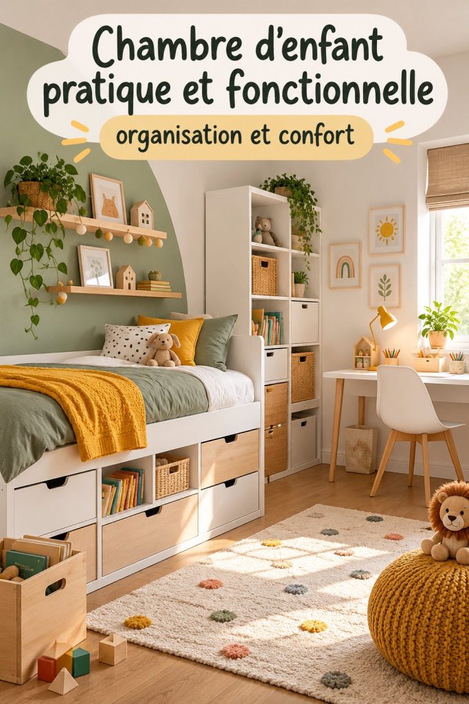 Chambre d'enfant pratique et esthétique avec des meubles multifonctionnels.
