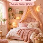 Chambre d'enfant décorée en rose pastel avec des éléments douillets et des objets décoratifs